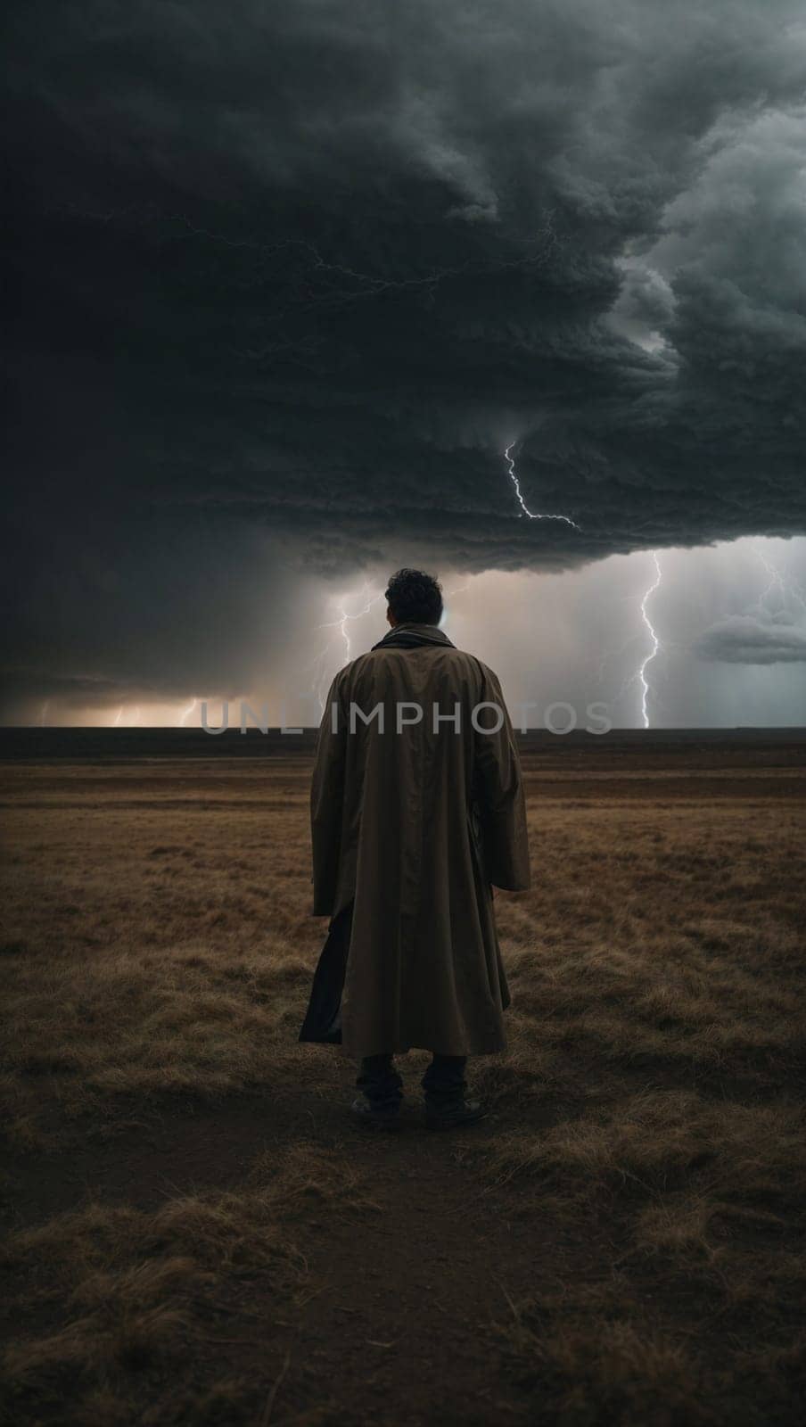Lone Man Standing in Field During Intense Storm Battling Natures Forces. Generative AI. by artofphoto