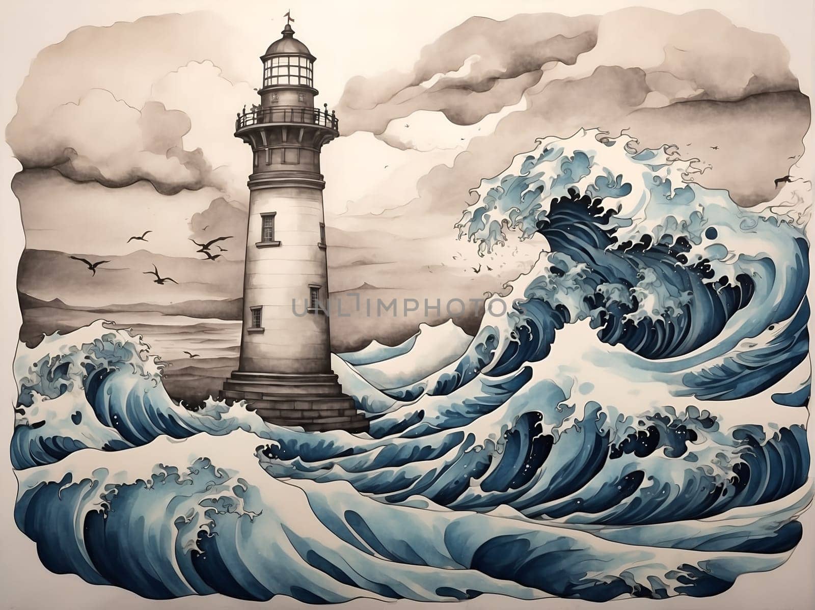 An impressive painting capturing a lighthouse standing tall amidst a powerful, crashing wave.