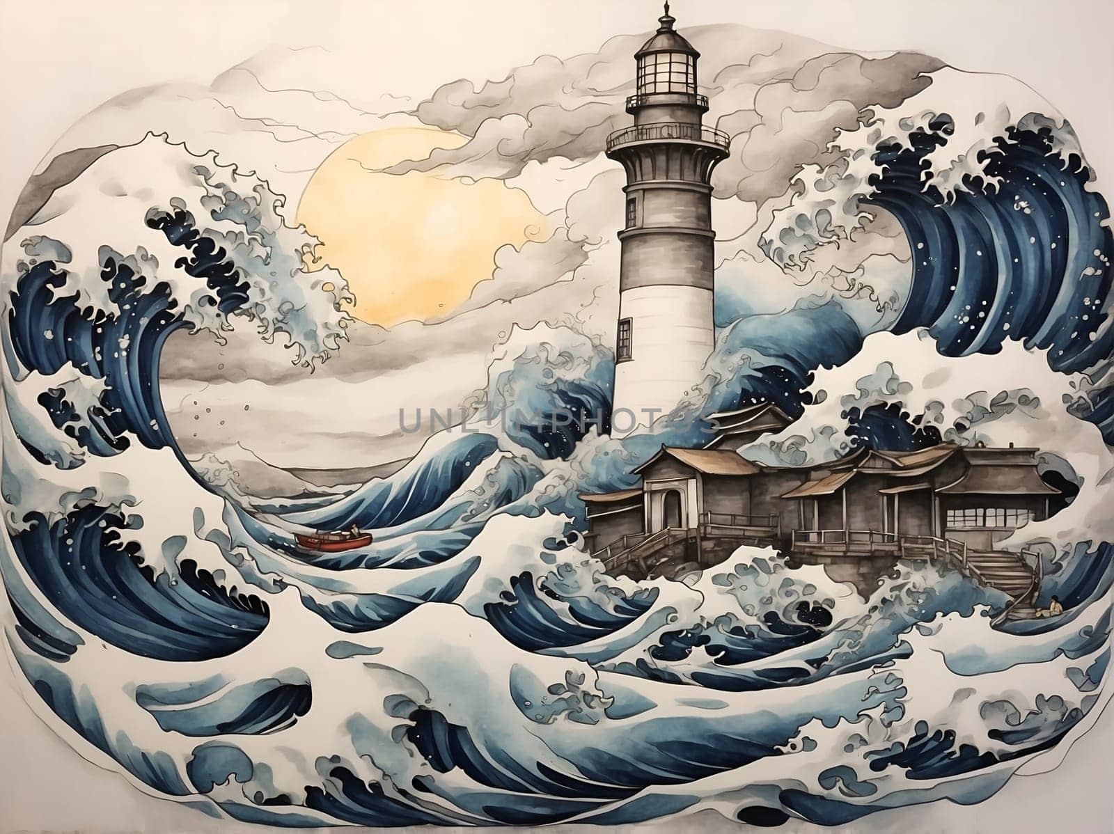 Lighthouse Painting Amidst Towering Wave in Dramatic Seascape Landscape. Generative AI. by artofphoto