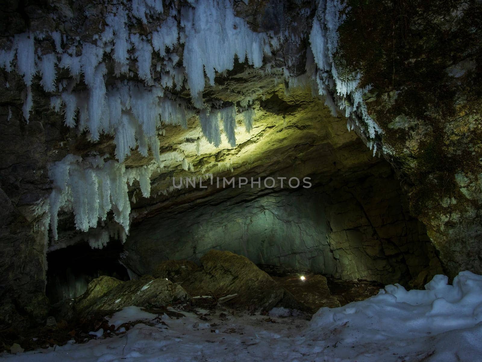 ice stalactites and stalagmites in the cave. Perm, Russia