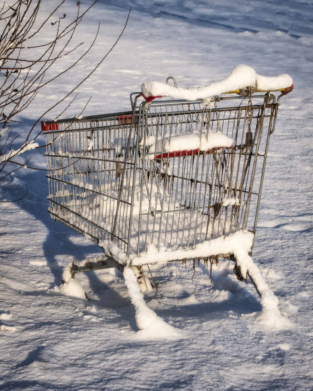 Shopping cart from the supermarket in the snow. The concept of closed stores, low demand, crisis, corontin. Consumer winter.