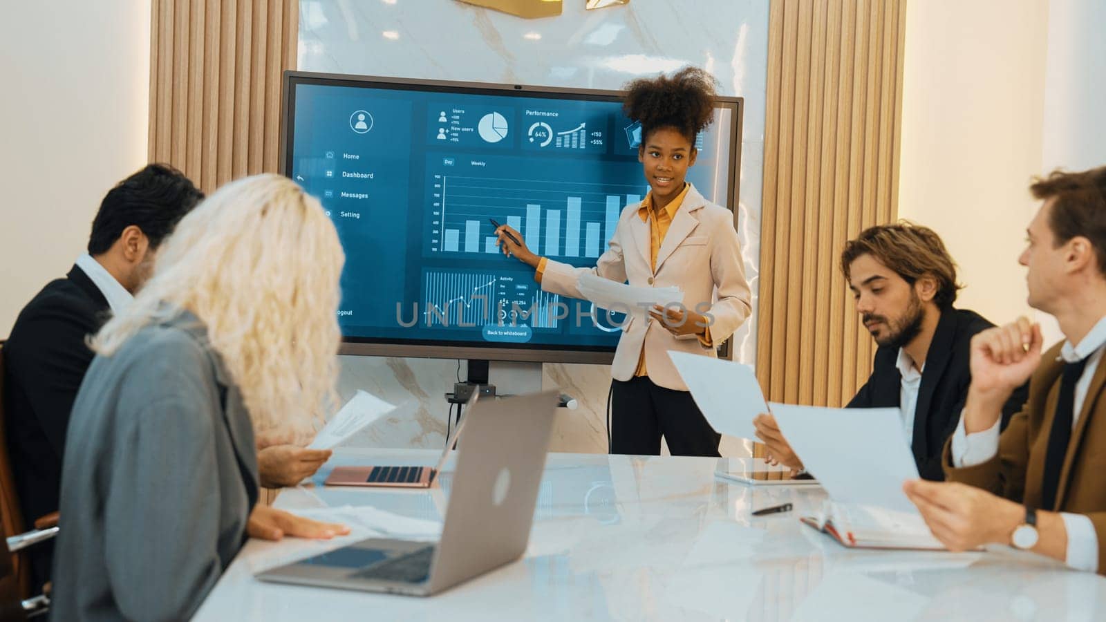 Presentation in office or ornament meeting room with analyst team utilize BI Fintech to analyze financial data. Businesspeople analyzing BI dashboard power display on TV screen for strategic planning