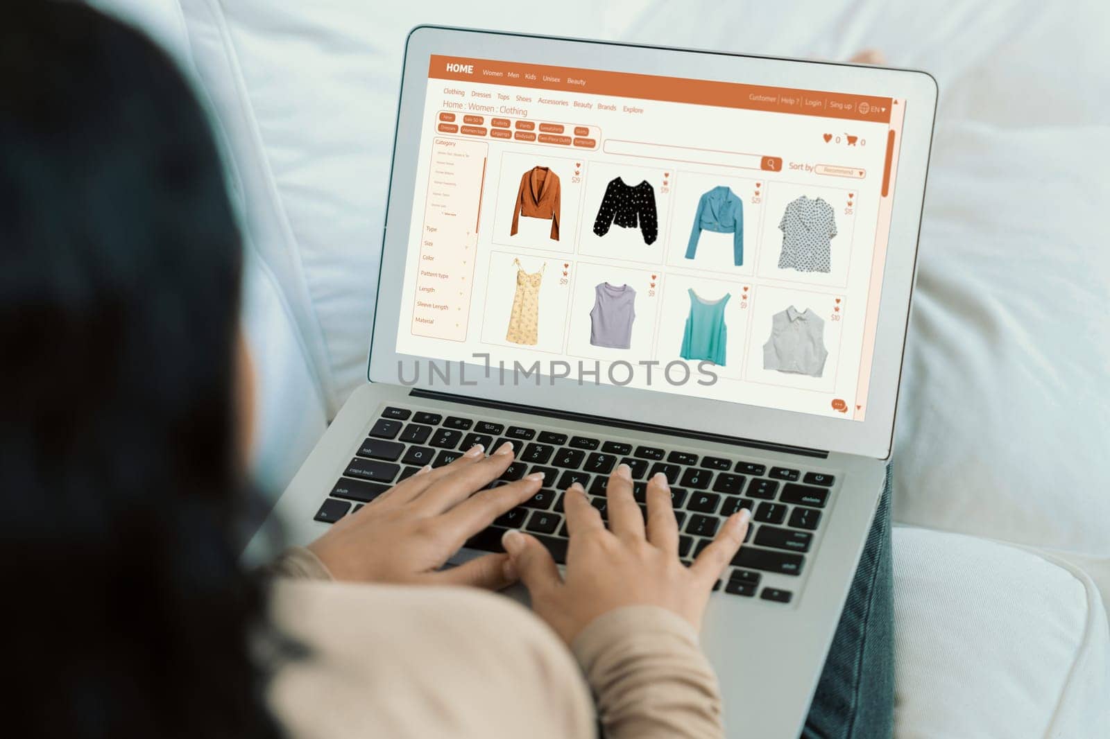 Woman shopping online on internet marketplace browsing for sale items for modern lifestyle and use credit card for online payment from wallet protected by crucial cyber security software