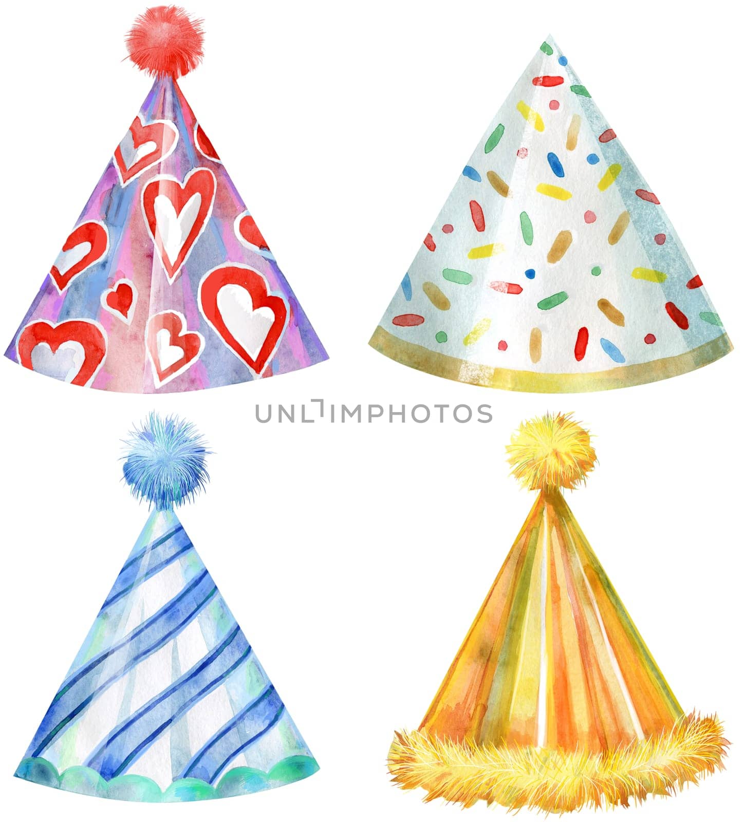 Set of party hat on white background. Card design. Watercolor hand drawing