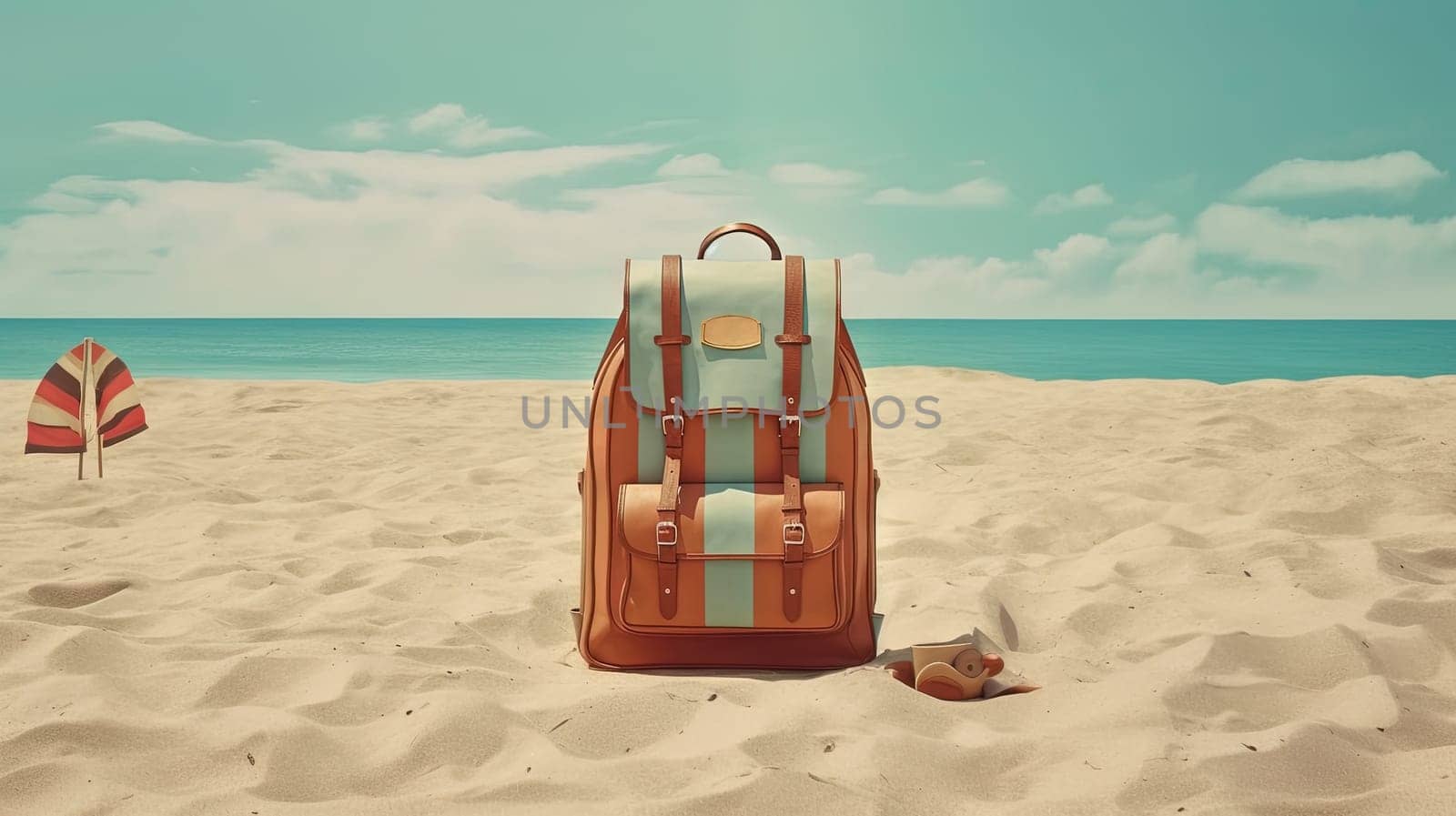 Backpack on the sand of the beach. Vacation scene with schoolbag on the shore line. Generative AI