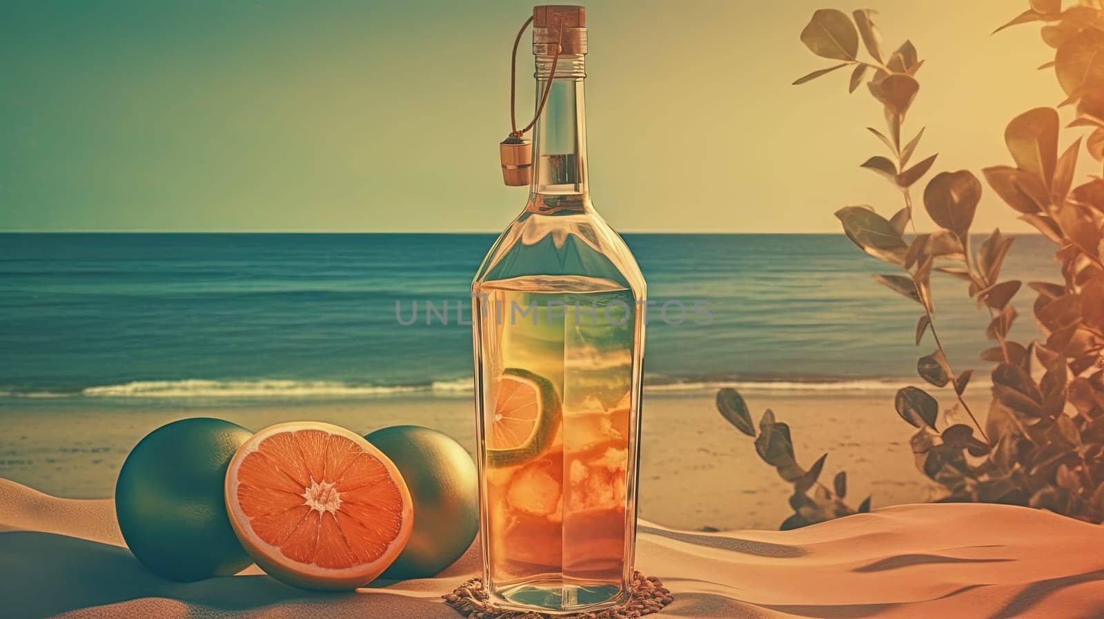 Bottle with fruit water or alcohol in the sand of the beach. Vacation scene with lemonade bottle on the shore line. Generative AI. by SwillKch