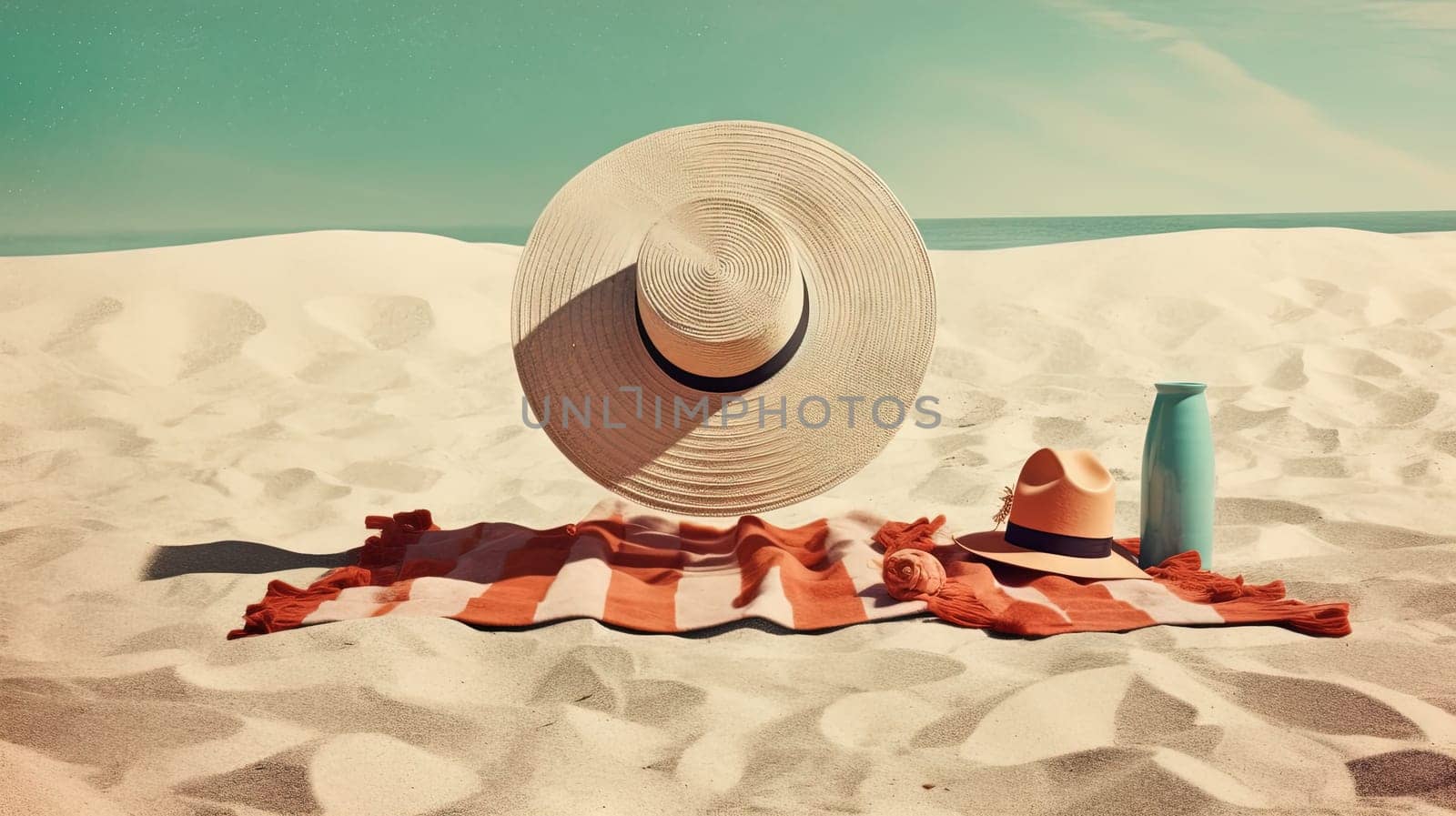 Hat and towel on the sand of the beach. Vacation scene with straw hat on the shore line. Generative AI. by SwillKch