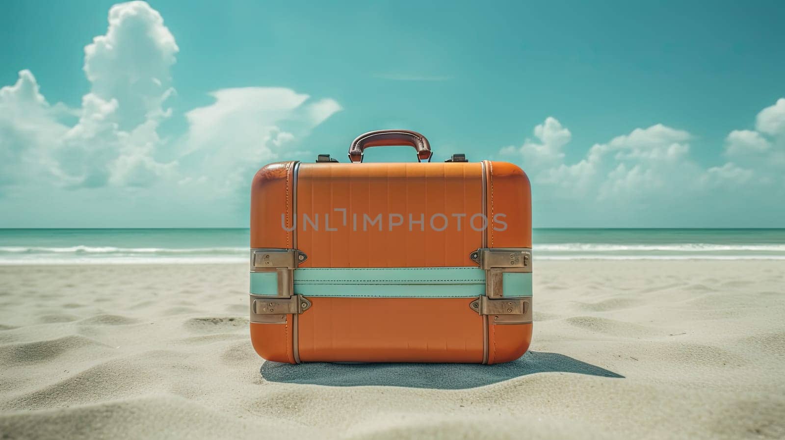 Suitcase in the sand of the beach. Vacation scene with travel case on the shore line. Generative AI. by SwillKch