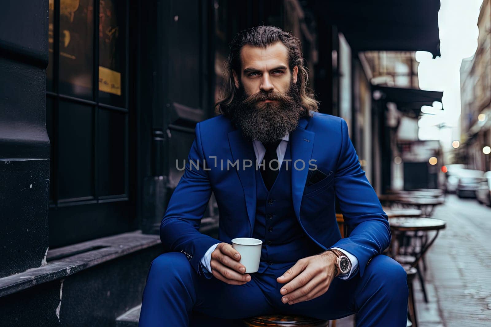 Businessman with huge beard, fashionable blue suit and a cup of coffee on the street. Generated AI
