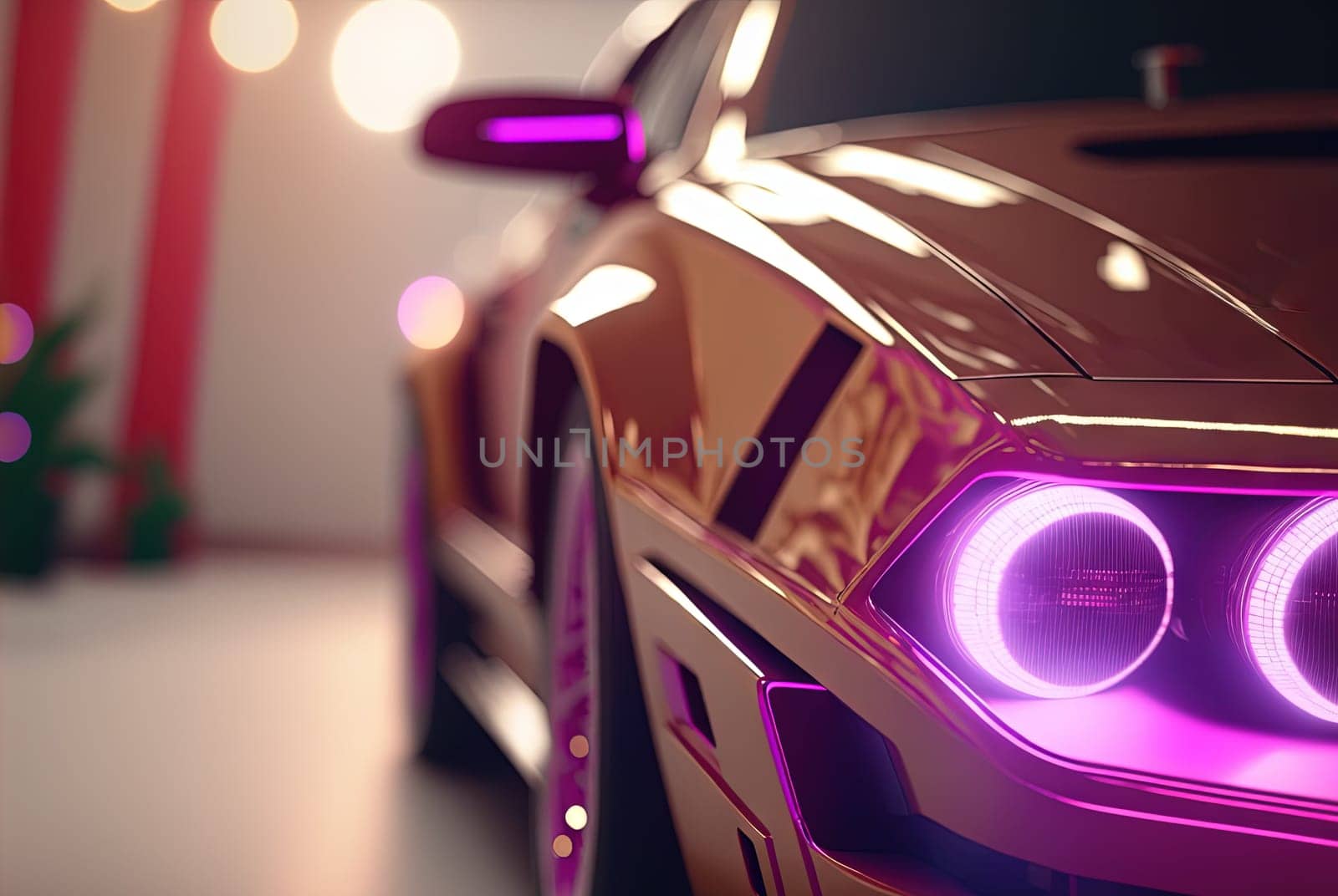 Retro car closeup view. 80s styled automobile in neon lights. Generated AI. by SwillKch