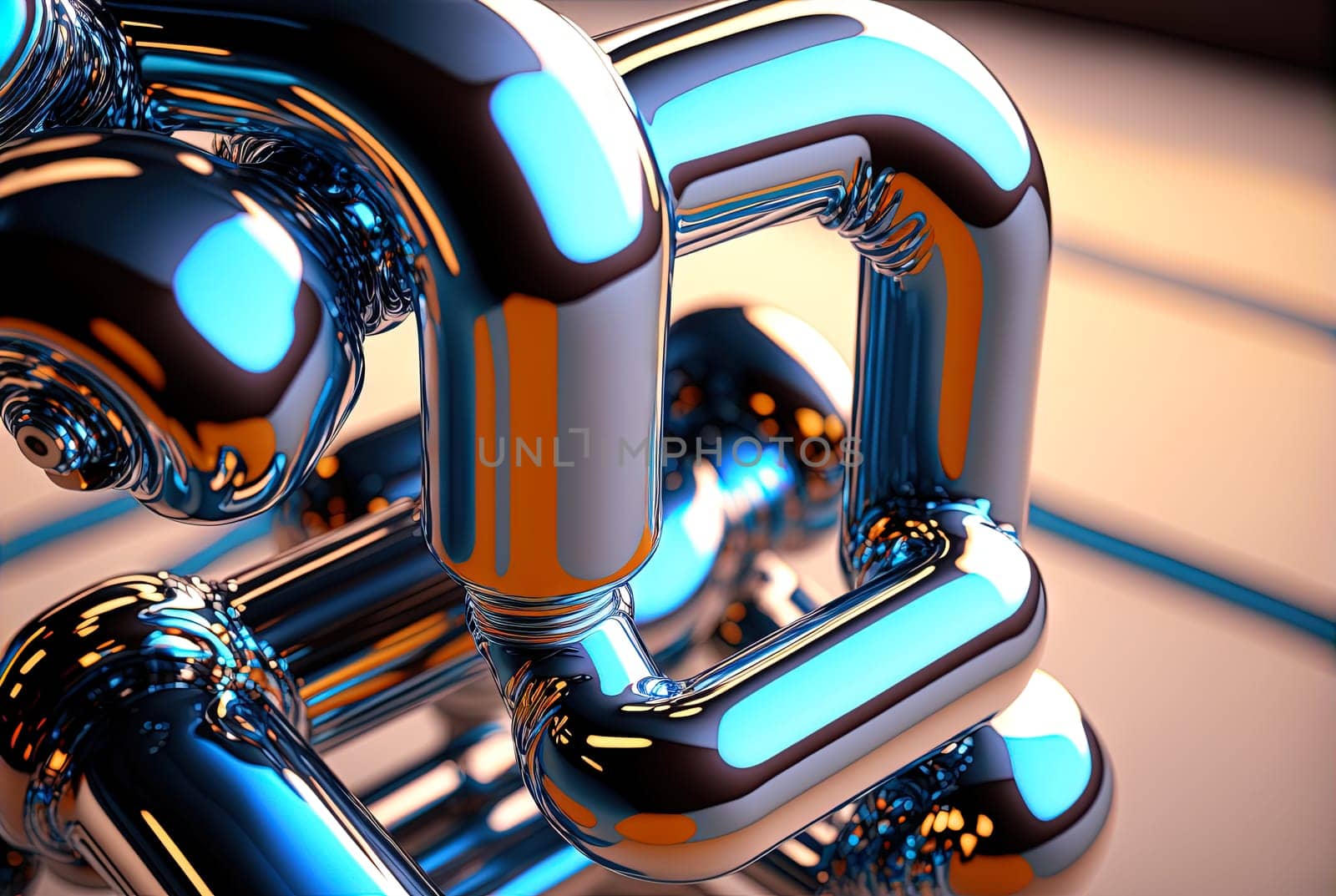 Abstract chrome pipes composition. Industry themed background with shiny metallic connected pipes. Generated AI. by SwillKch