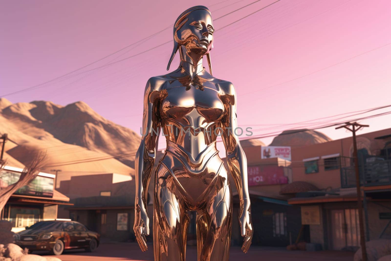 Crome robot woman portrait in the city. Artificial intelligence rise and shiny. Mechanical beauty. Generated AI. by SwillKch