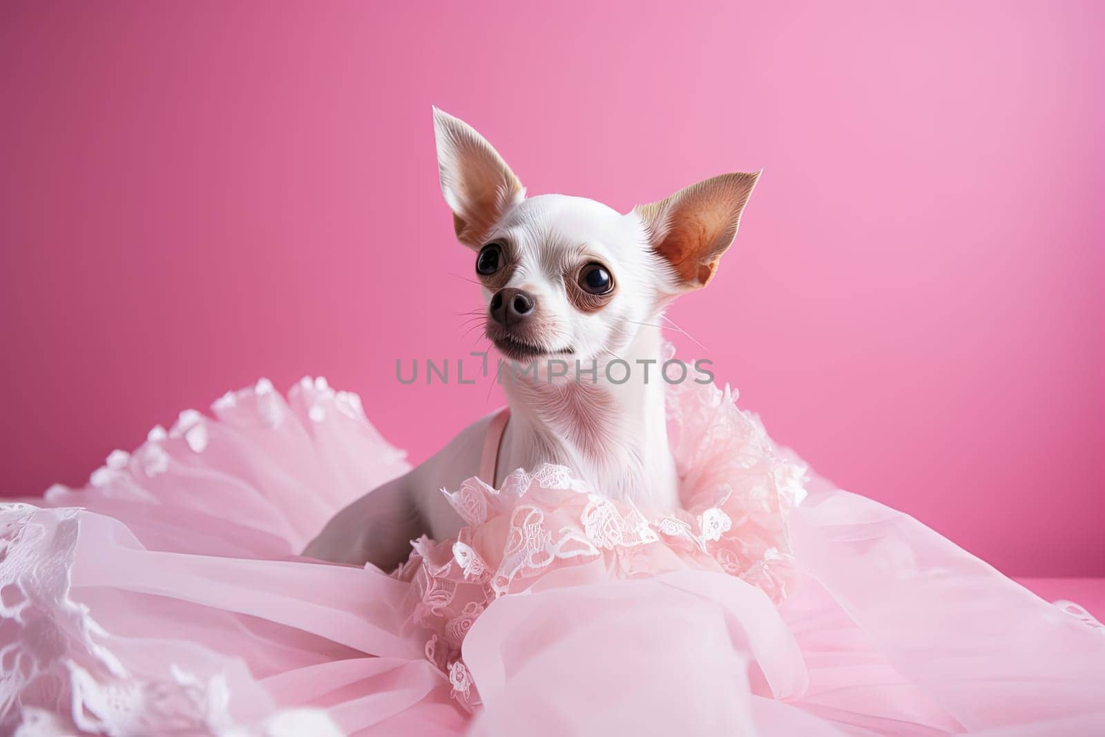 Little cute dog chihuahua in pink room with laces. Generated AI. by SwillKch