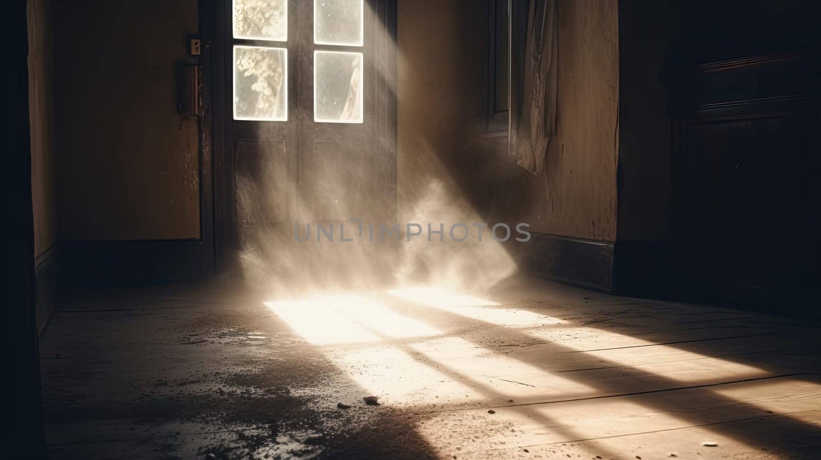 Dusty room with old distressed windows and sun rays. Abandoned grungy interior with lights in the dust. Generated AI. by SwillKch