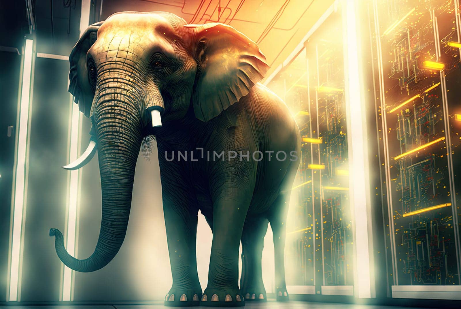Elephant in the server room. Concept of the big data and digital fragility. Generated AI