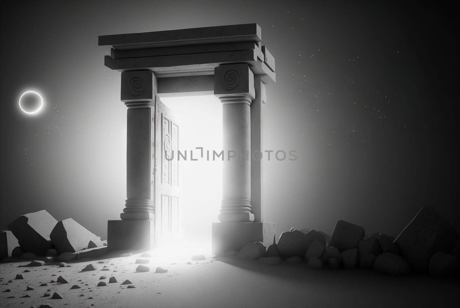 Magic ancient gate of the dark ruins. Black and white background with mystic lightened door. Generated AI