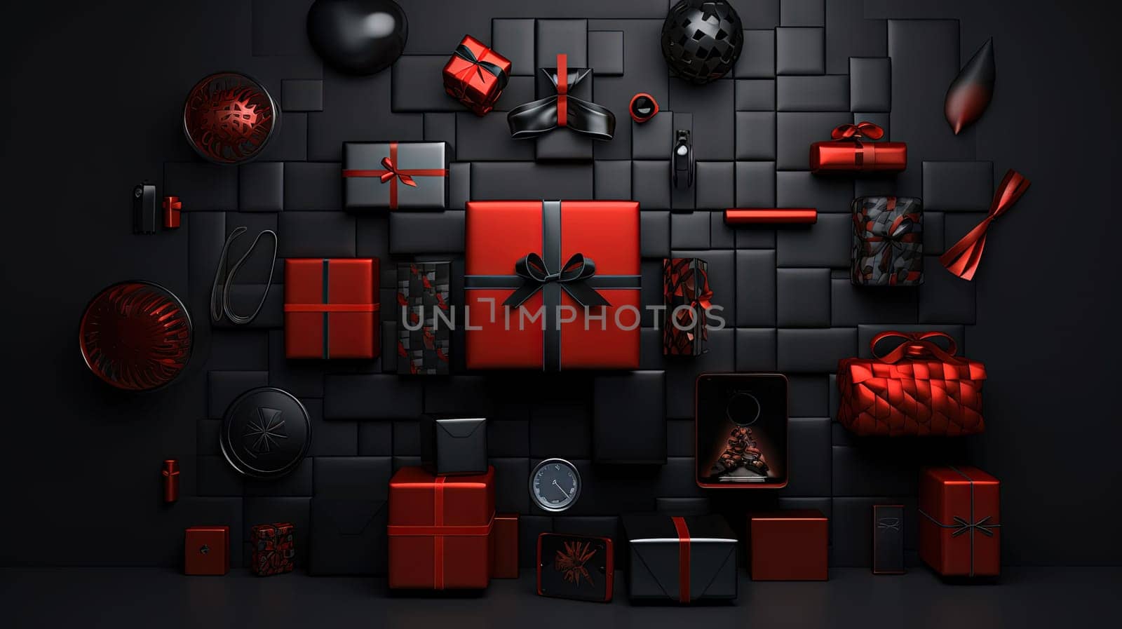 Compostion of gift boxes with ribbons for holiday sale event. Generated AI