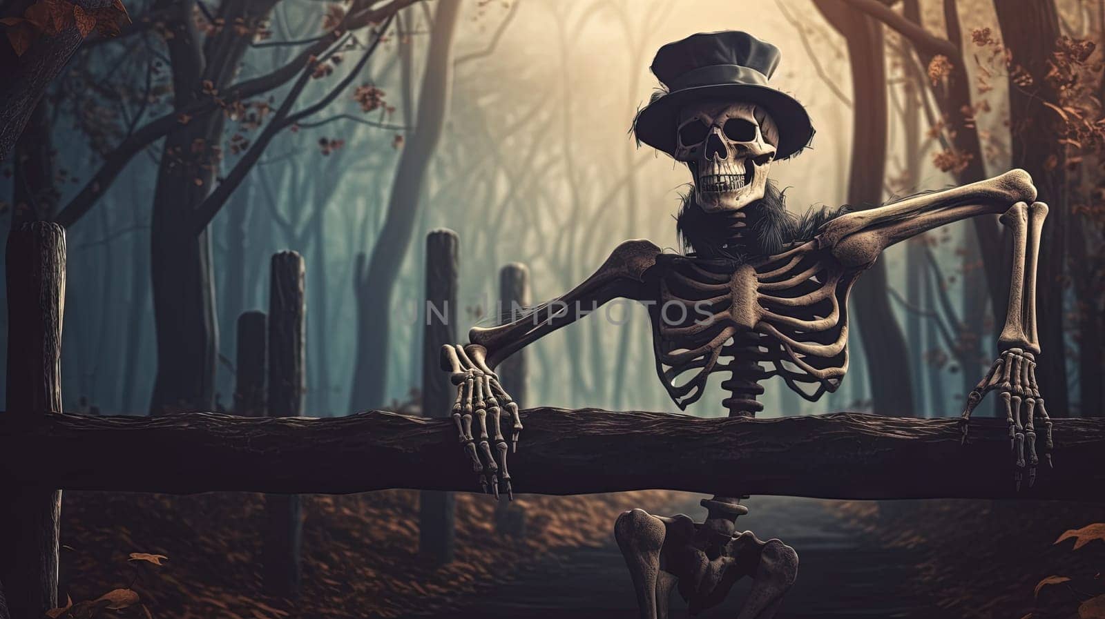 Scary skeleton in the forest on Halloween holidays. Spooky celebration invitation background. Generated AI. by SwillKch