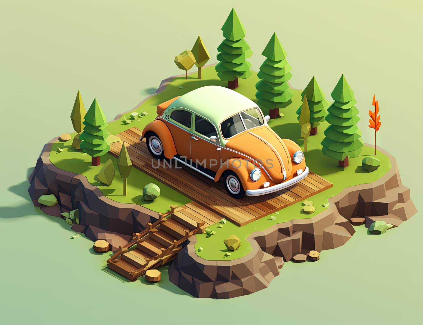 Isometric retro car travelling with elements of environment. Generated AI. by SwillKch