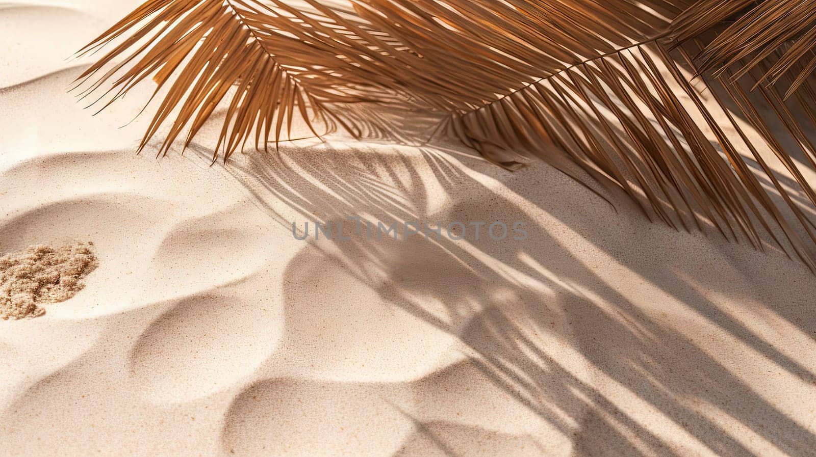 Plam leaves on the tropical beach sand background. Vacation and relaxation concept with dry palm leaves on the hot summer beach. Generated AI