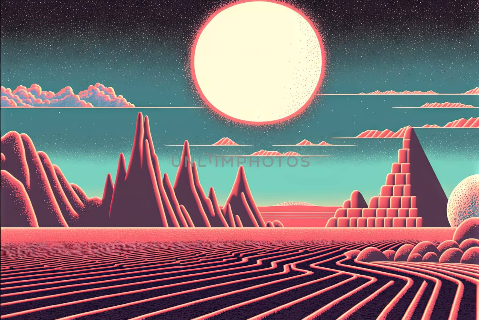 Retro styled sci-fi landscape with mountains. Retro futuristic science fiction illustration in drawing style with alien sun. Generated AI