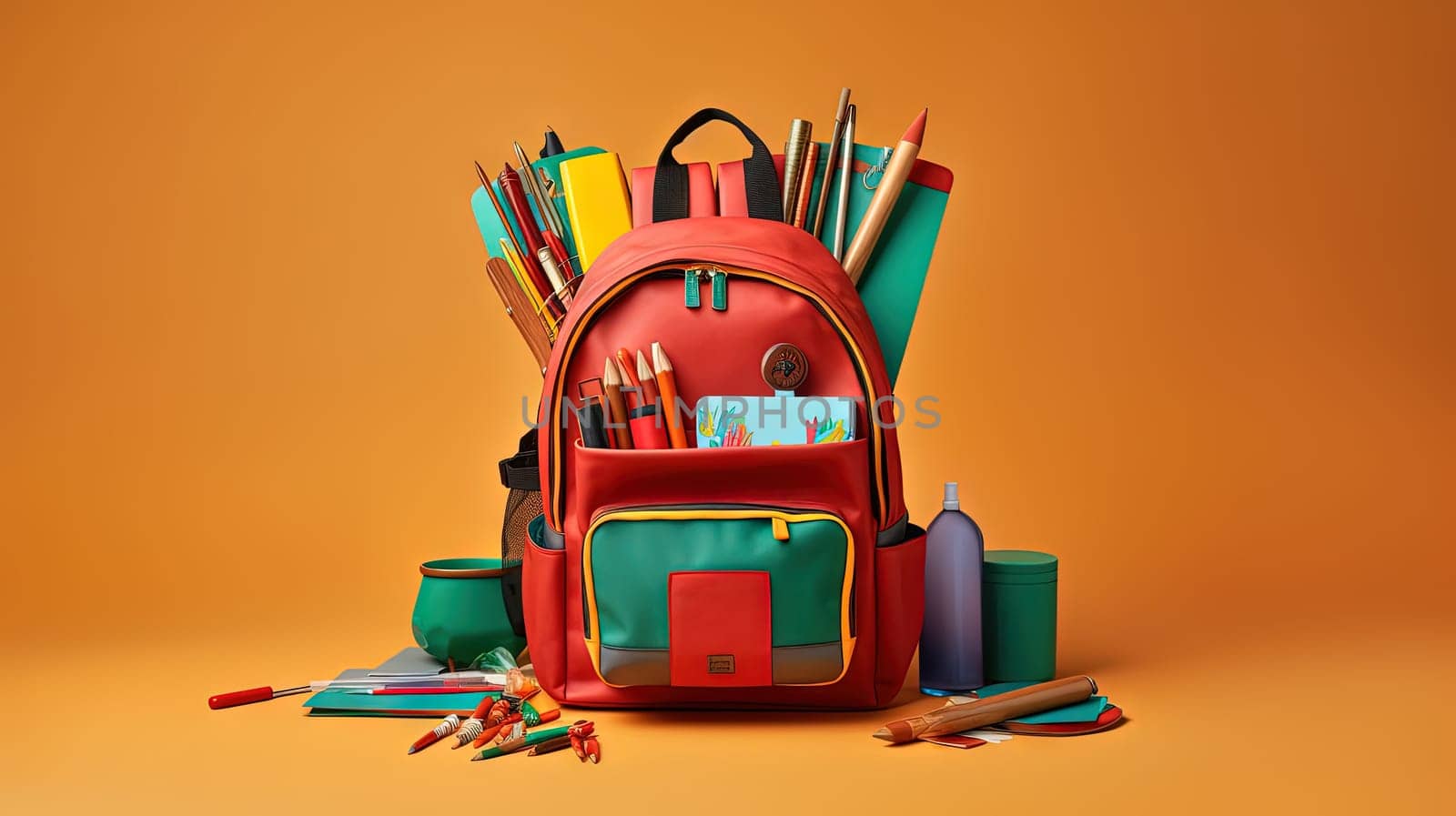 School backpack with colorful learning supplies. Back to school concept. Generated AI. by SwillKch