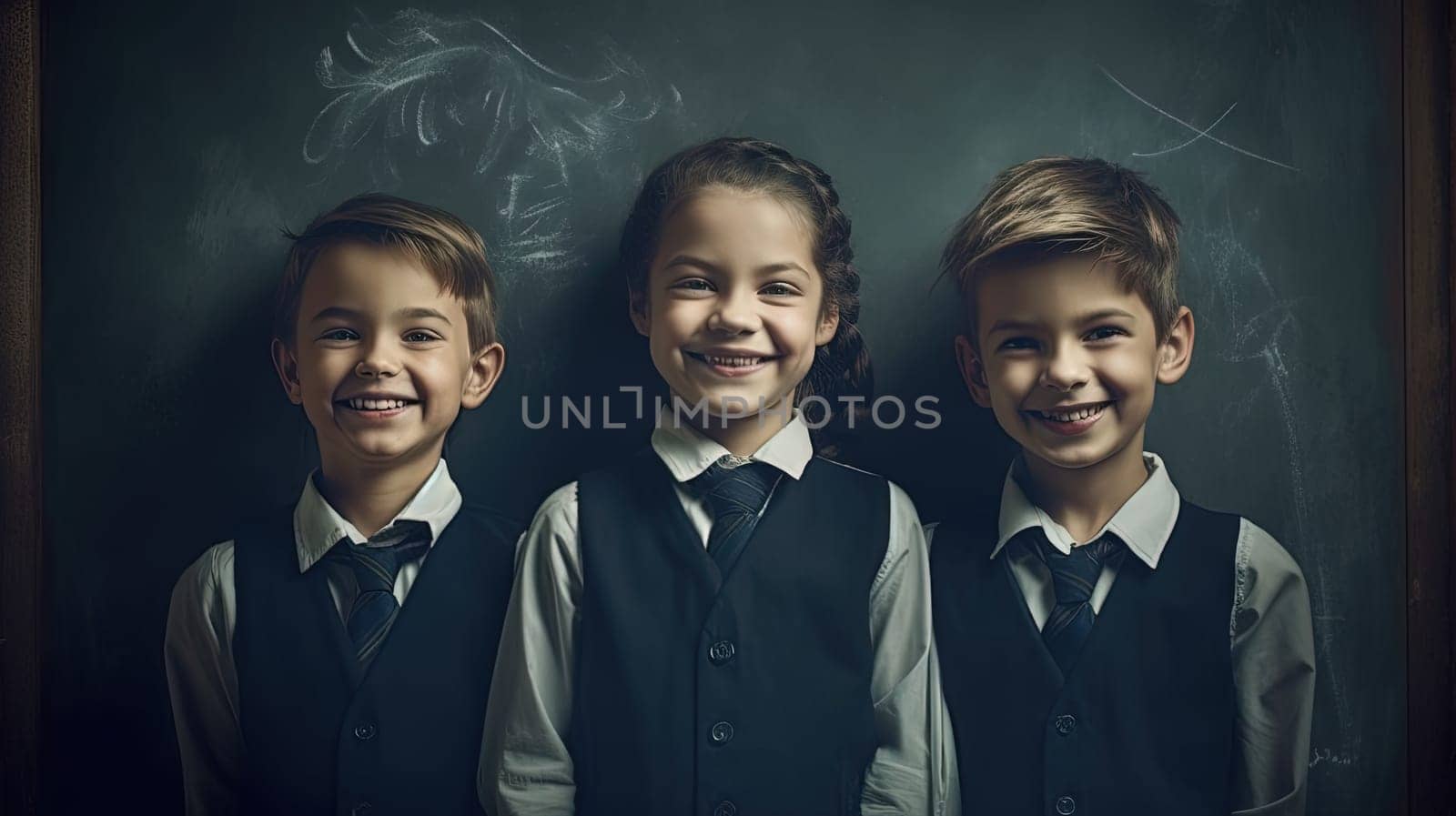 School pupil, boy and girl standing in front of black board. School children couple. Generated AI. by SwillKch