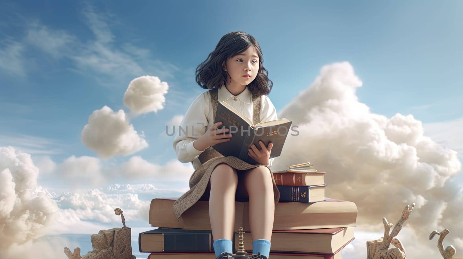 Schoolgirl reads the book in the sky, flying in her dreams and fantasies. Learning concept with little girl in the world of education. Generated AI