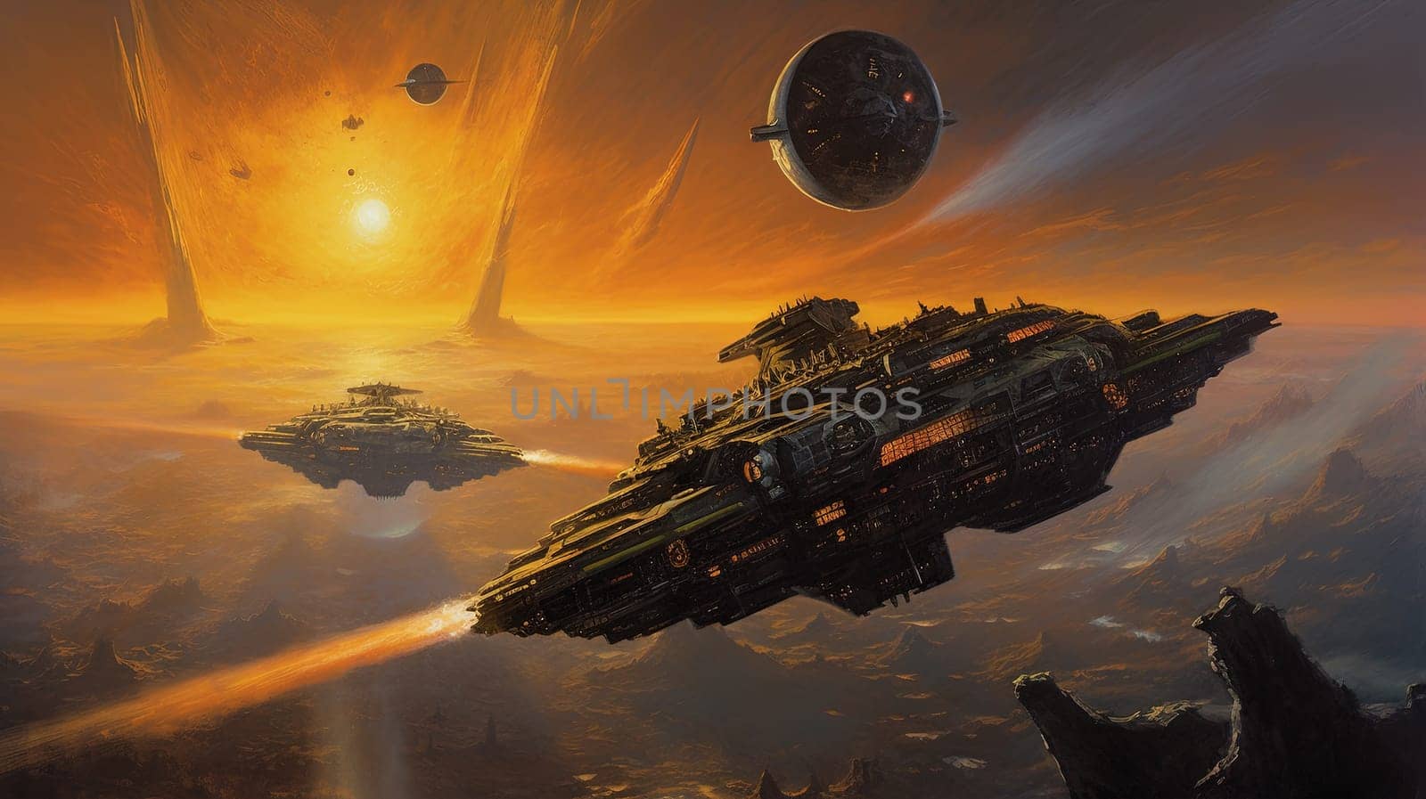 Space ships battle over alien planet in 80s books style. Retro science fiction illustration. Generated AI