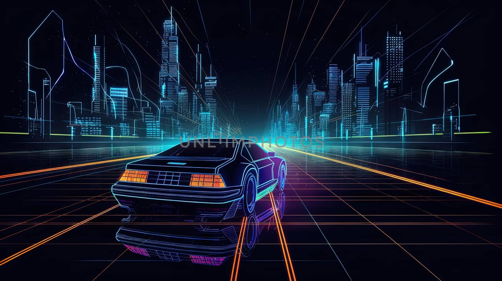 Car ride on the neon road in 80s retro synthwave style. Generated AI. by SwillKch