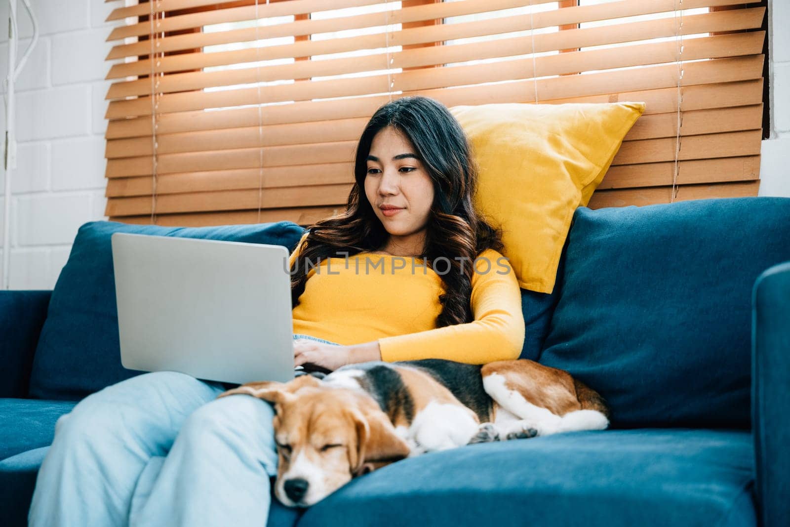 A pretty young woman, laptop in hand, sits on her sofa at home. Her Beagle dog peacefully sleeps beside her as she works online. Their friendship creates a warm and friendly home office environment. by Sorapop