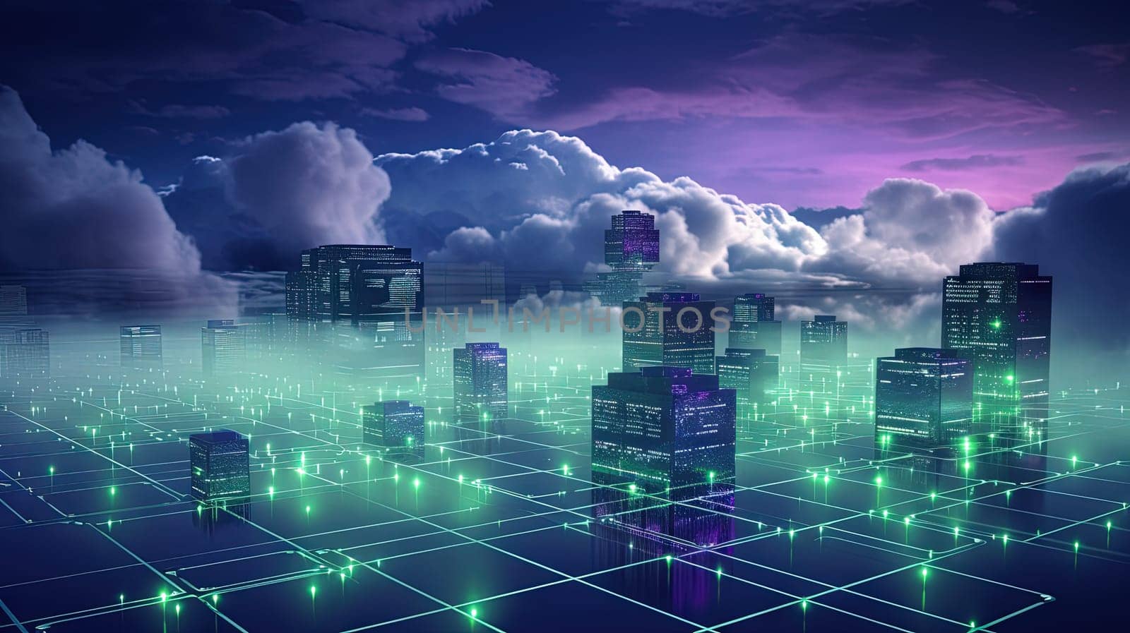Concept of a digital city with cloud connections. Futuristic network in the clouds. Generated AI. by SwillKch