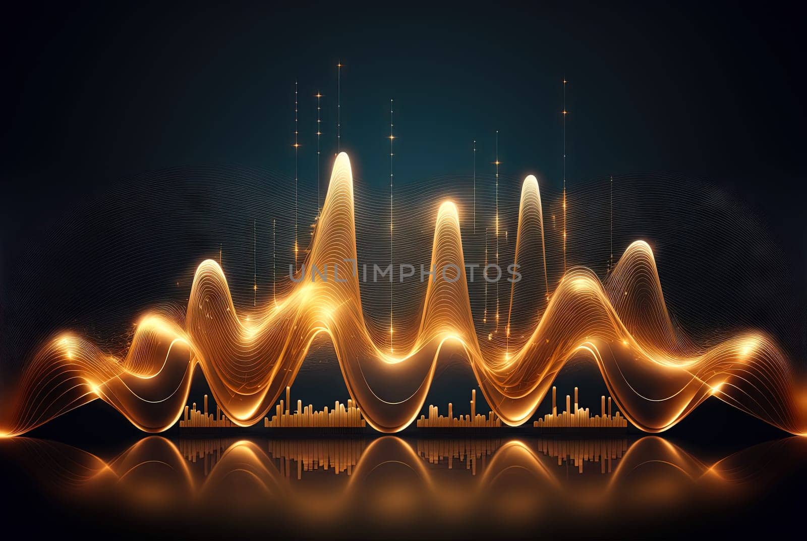 Technology abstract with shiny data wave flow. Science concept with glowing wires connected on futuristic background. Generated AI. by SwillKch