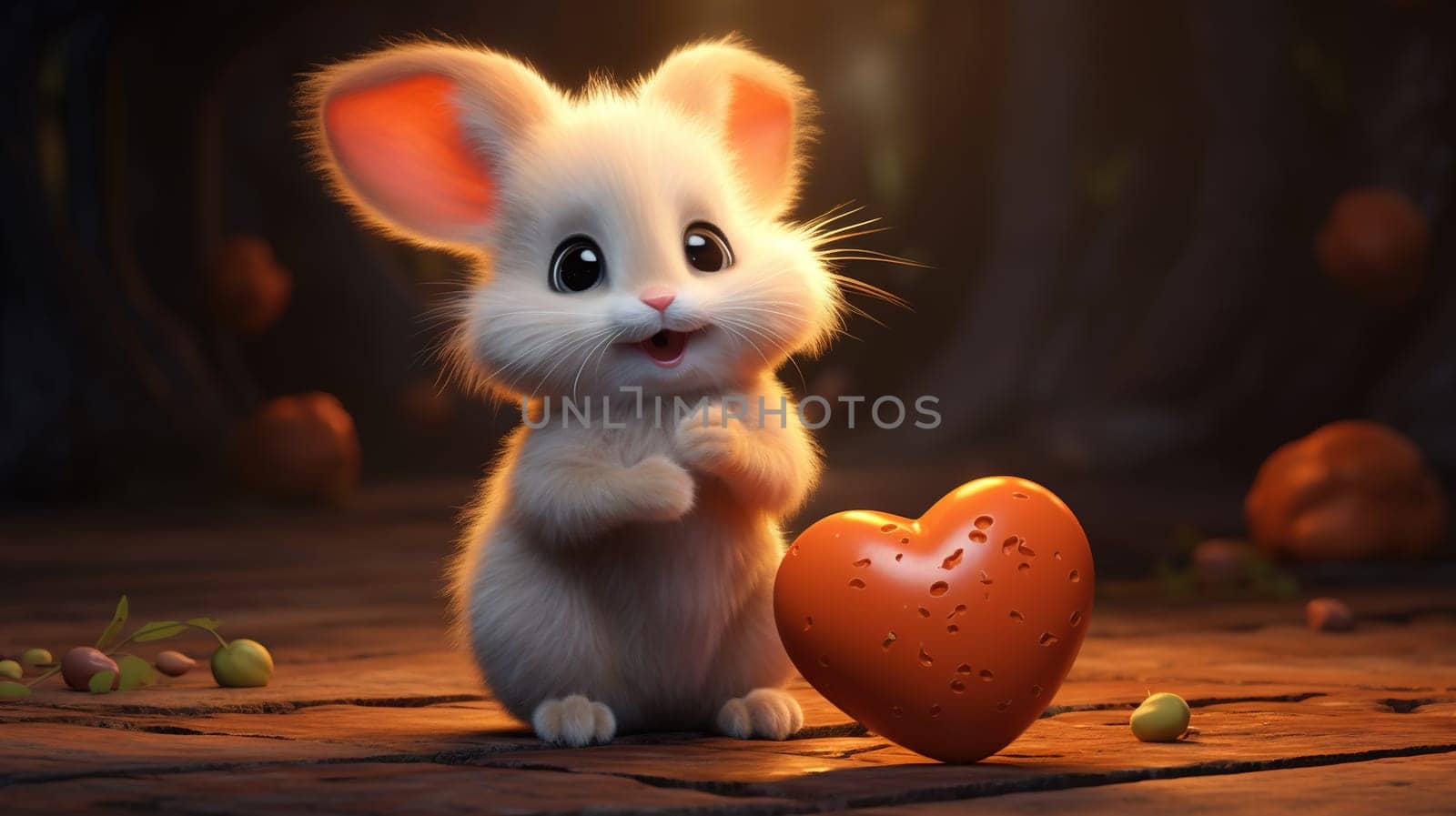 Cute fluffy rabbit hugging red heart. Valentine's Day greetings from romantic bunny holding heart. Generative AI