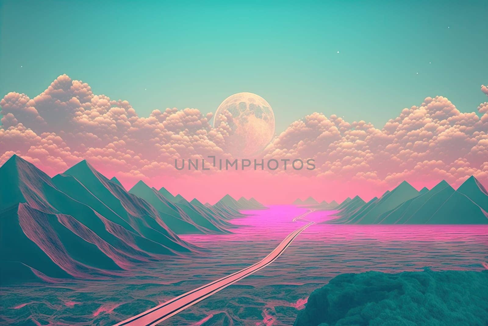 Calm and relaxing landscape with mountains in vaporwave style. Pink and blue view in 90s style. Generated AI. by SwillKch