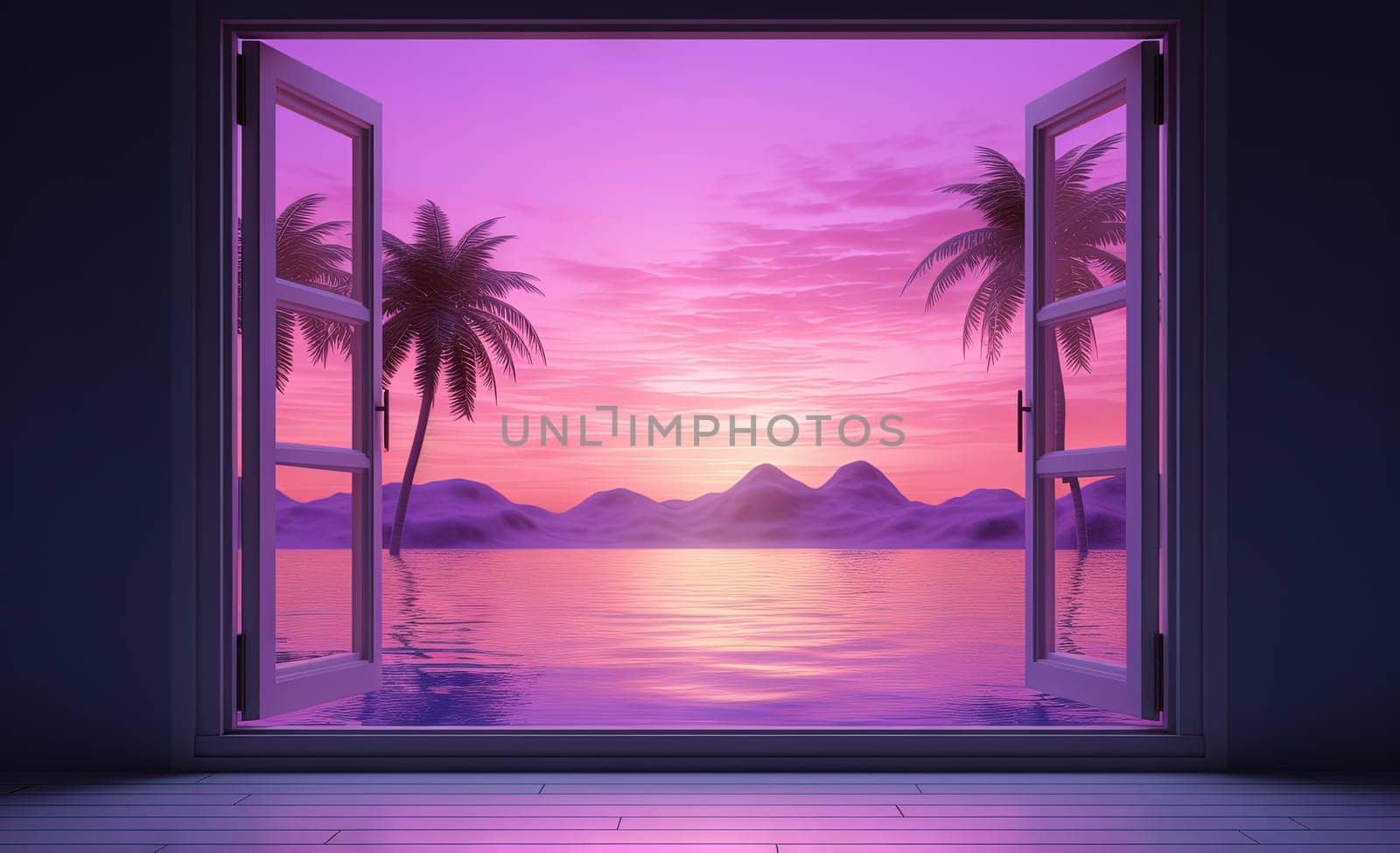 Open window with tropical landscape and ocean in vaporwave style. Purple sundown in 90s style room, vacation calmness frame. Generated AI