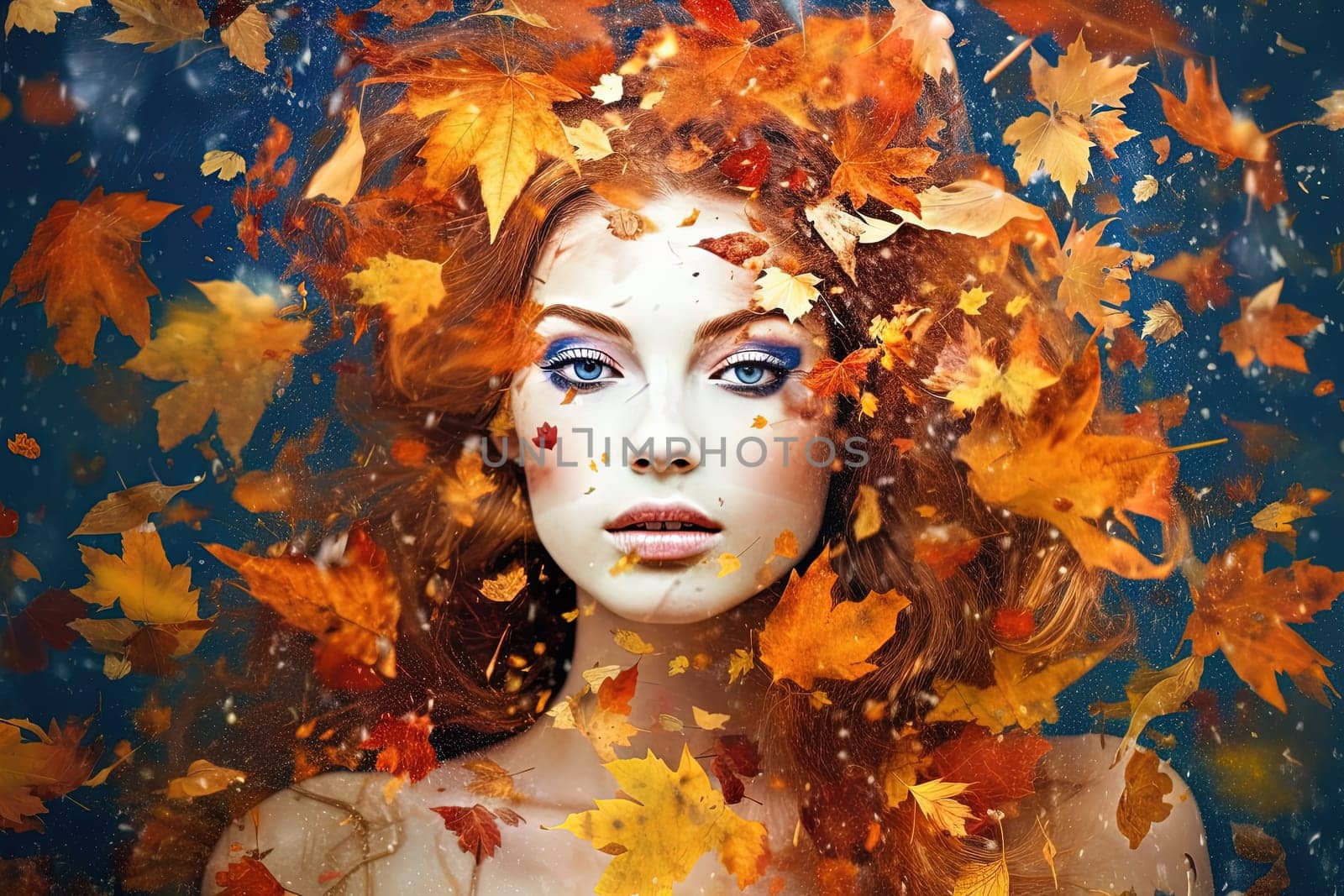 Woman with autumn leaves wreath. Portrait of girl in dreamy fall mood with scattered leaves. Generated AI. by SwillKch