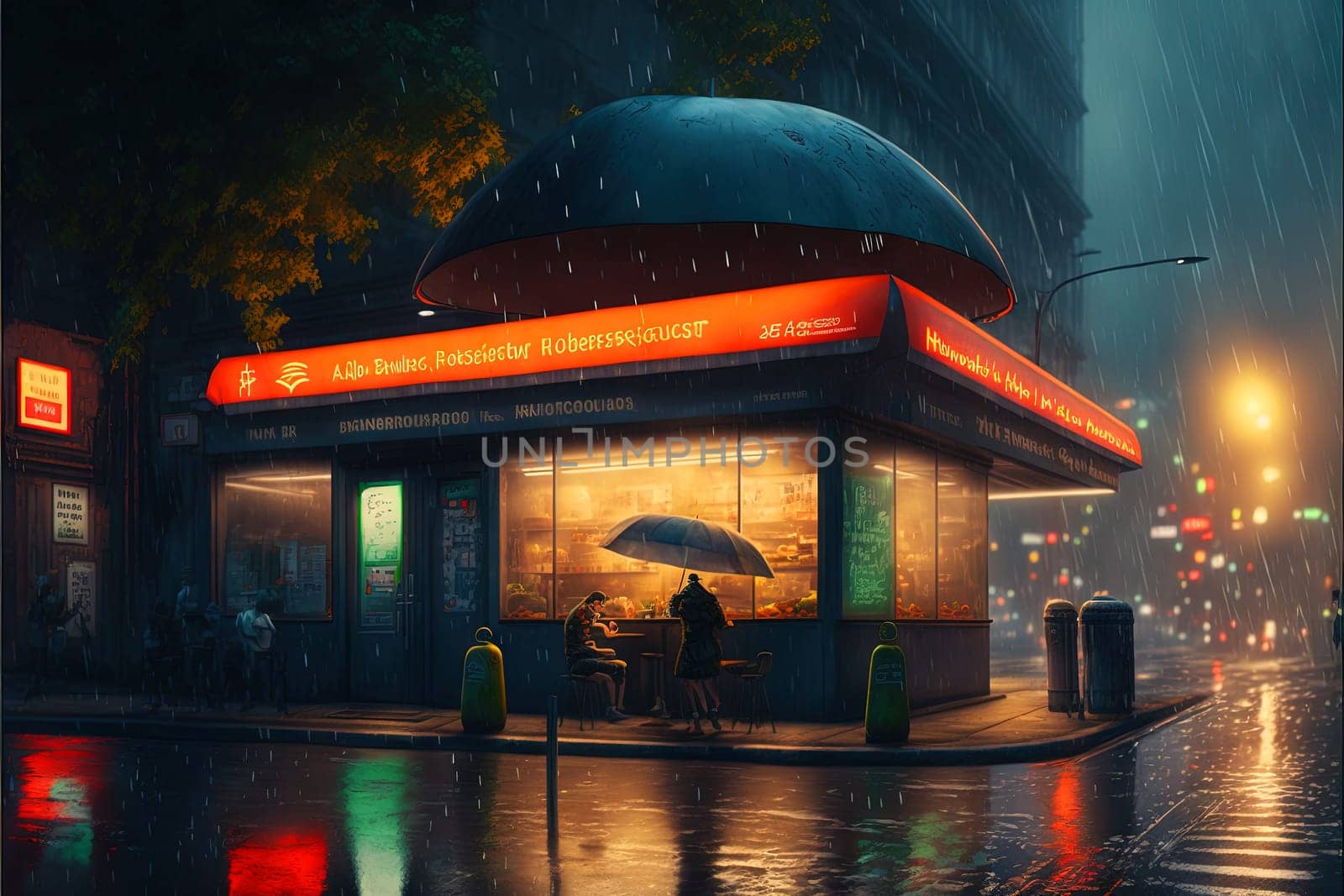 Cyberpunk styled cafe on the street corner with neon lights. Futuristic fast food restaurant with fake neon signs. Generative AI. by SwillKch