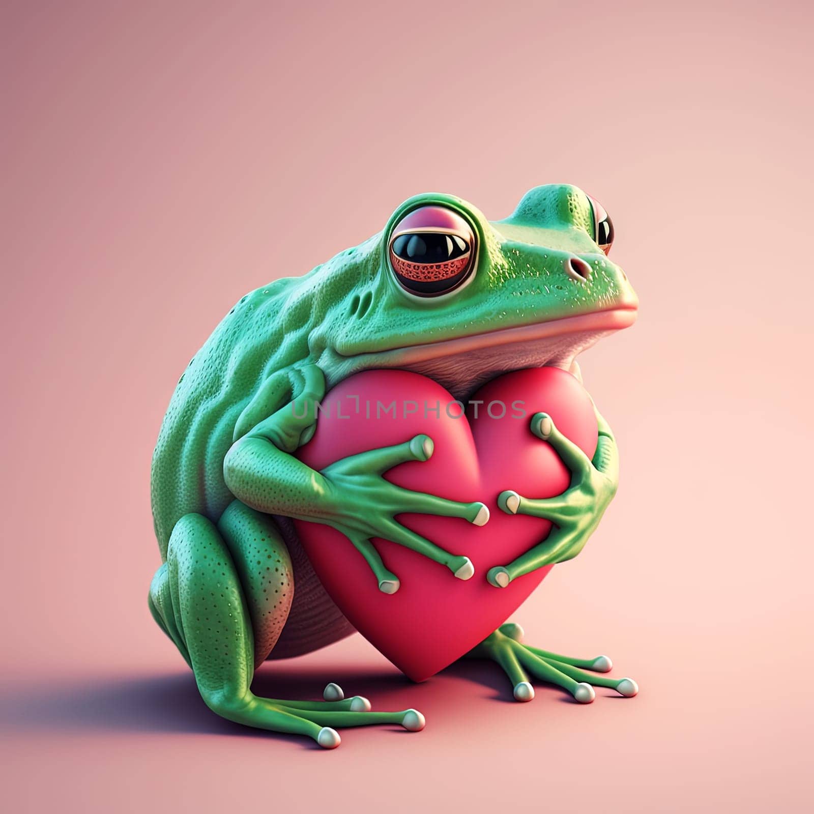 Valentine's Day greeting card with frog holding heart. Romantic frog offers love by hugging heart. Generative AI