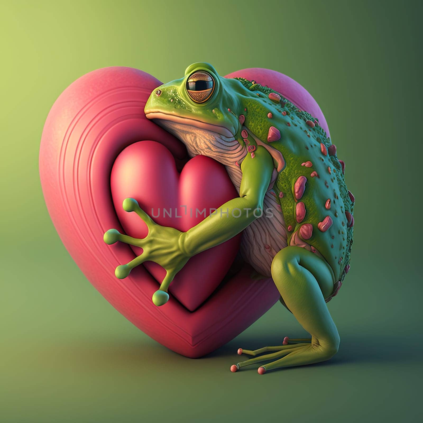 Valentine's Day greeting card with frog holding heart. Romantic frog offers love by hugging heart. Generative AI