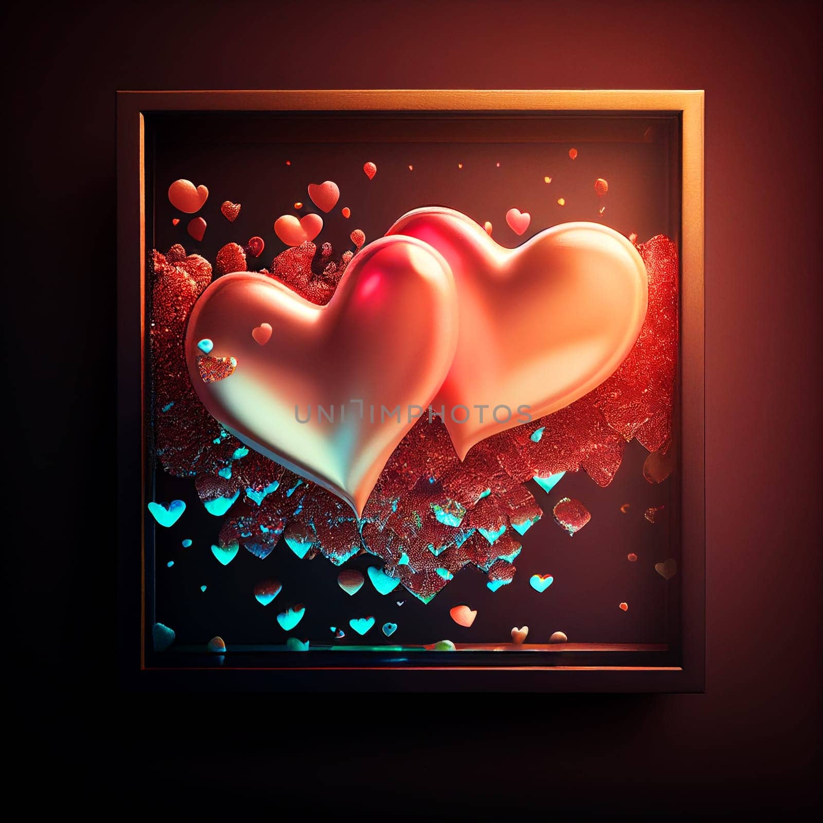 Valentine's Day card with shiny hearts in the frame. Lava lamp or glass styled hearts composition for romantic holidays. Generative AI