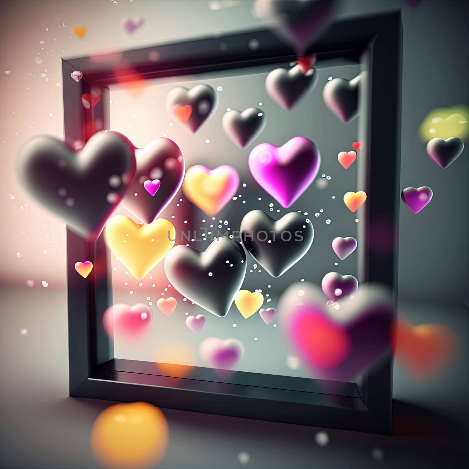 Valentine's Day card with shiny hearts in the frame. Lava lamp or glass styled hearts composition for romantic holidays. Generative AI. by SwillKch