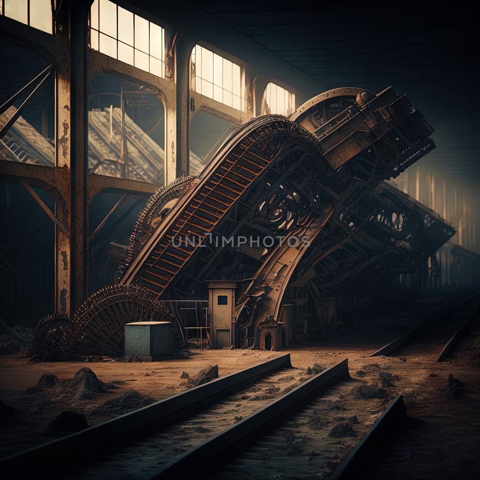 Abandoned industrial interior with old rusty machines. Creepy and dirty technology background. Generative AI illustration. by SwillKch
