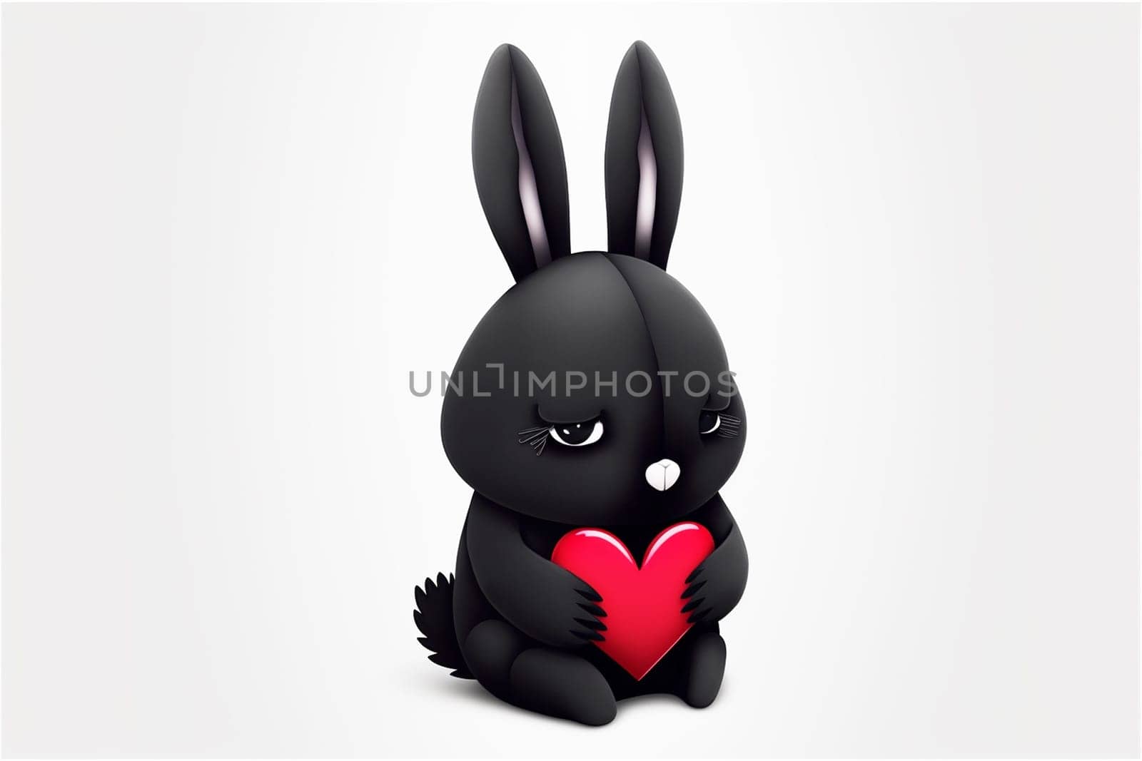 Cute fluffy black rabbit hugging red heart. Valentine's Day greetings from romantic bunny holding heart. Generative AI