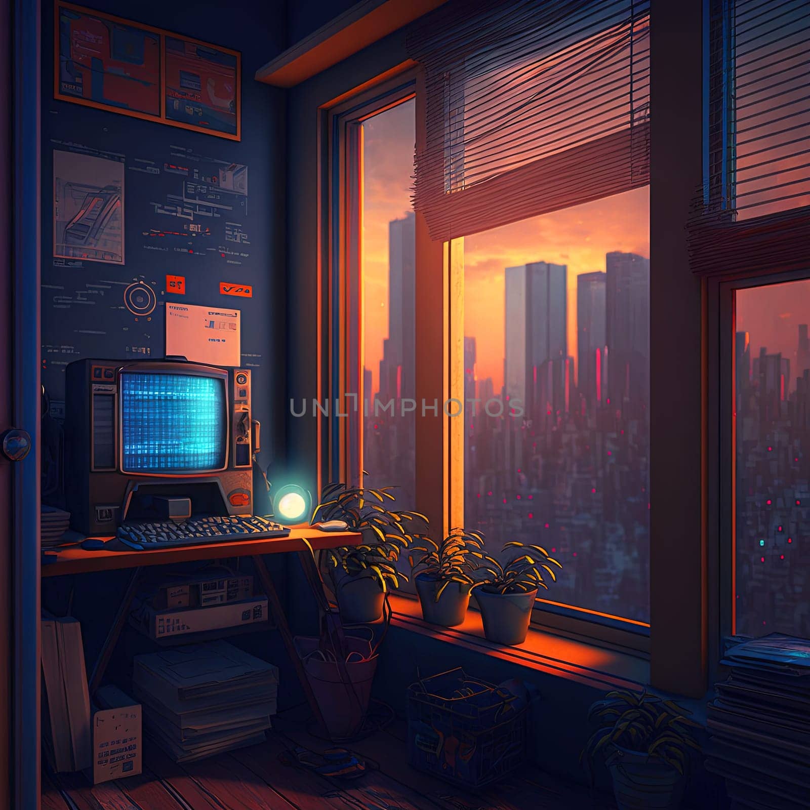 Nostalgic retro room in 80s synthwave or cyberpunk style. Futuristic neon interior of the 90s styled apartment with tv screen or computer monitor
