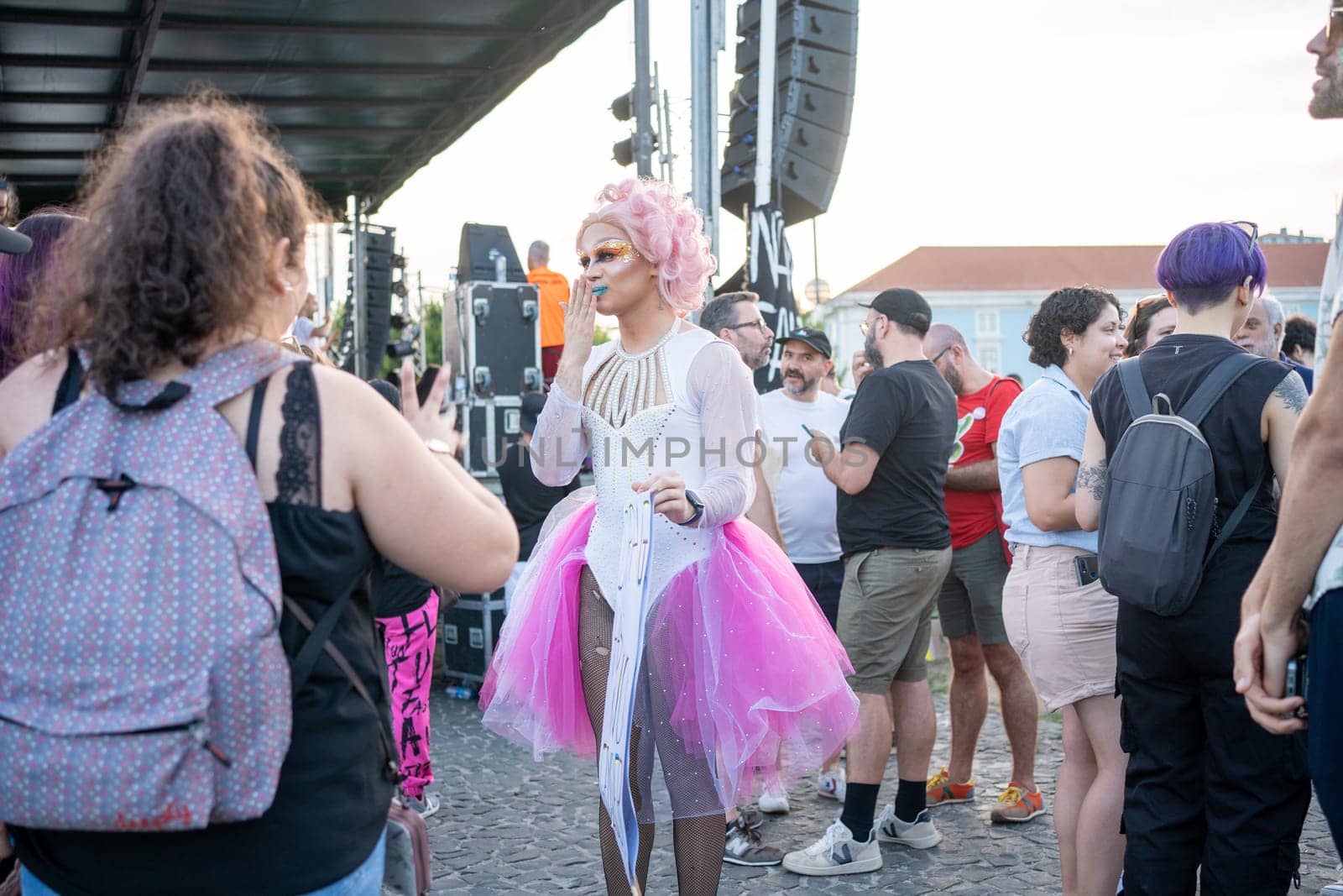 Lisbon, Portugal. 17 June 2023 Drag queen at Pride Parade. European drag queen have fun standing in crowd at Pride Parade. Respect, sexual equality LGBTQAI individuals
