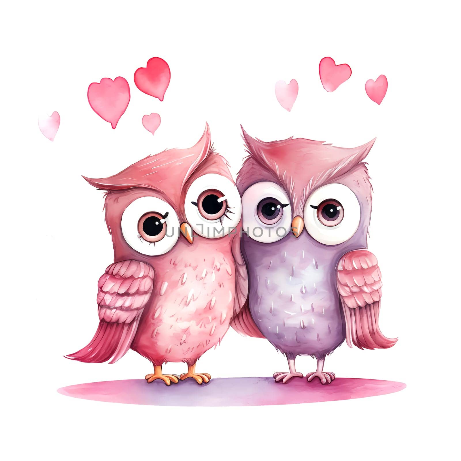 Cute Owls for Valentines Day. Watercolor. AI generated. by AndreyKENO