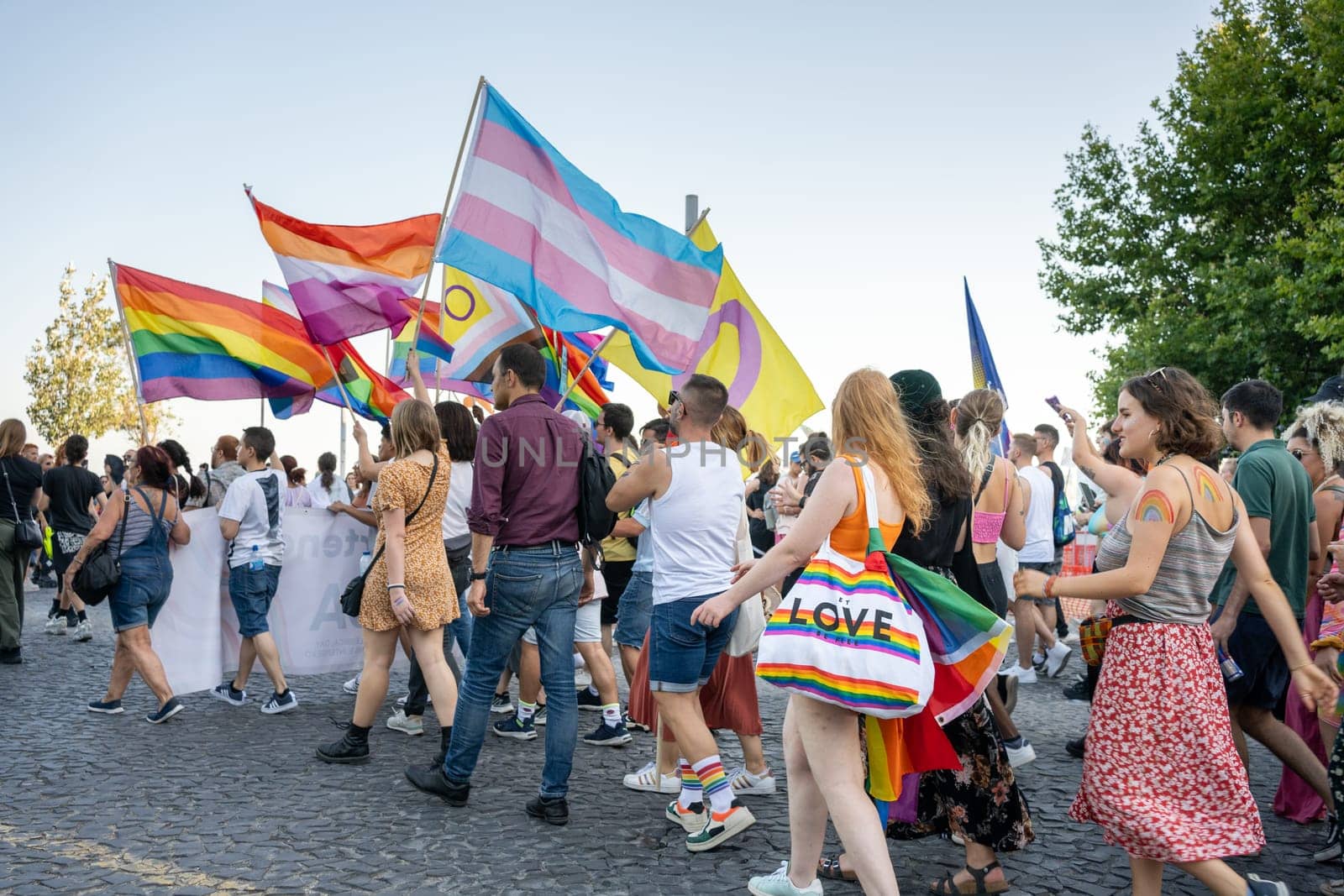 Lisbon, Portugal. 17 June 2023: Procession happy free people at Pride Parade by andreonegin