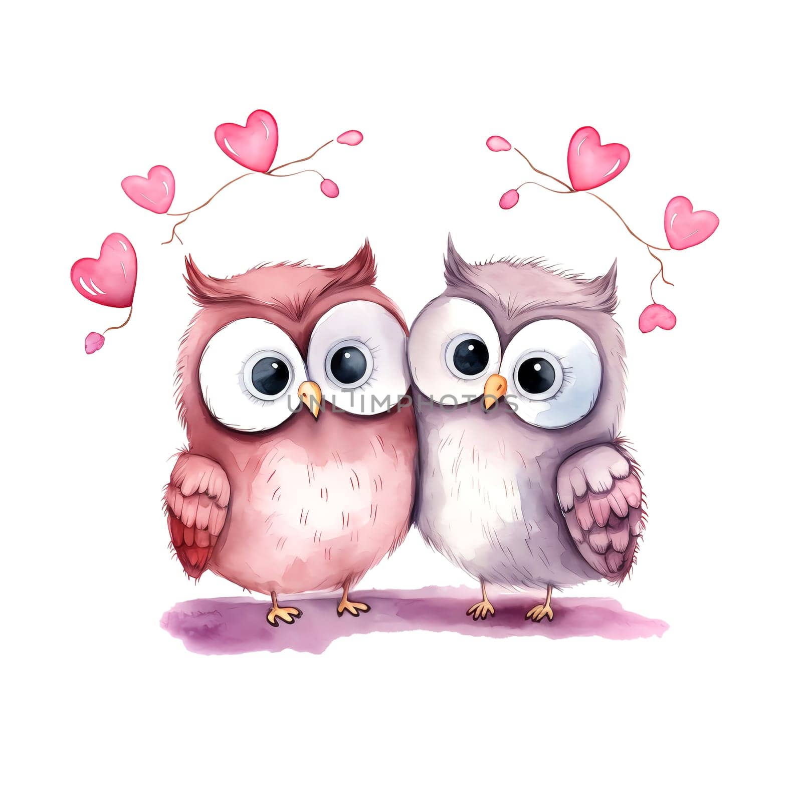 Cute Owls for Valentines Day. Watercolor. AI generated. by AndreyKENO
