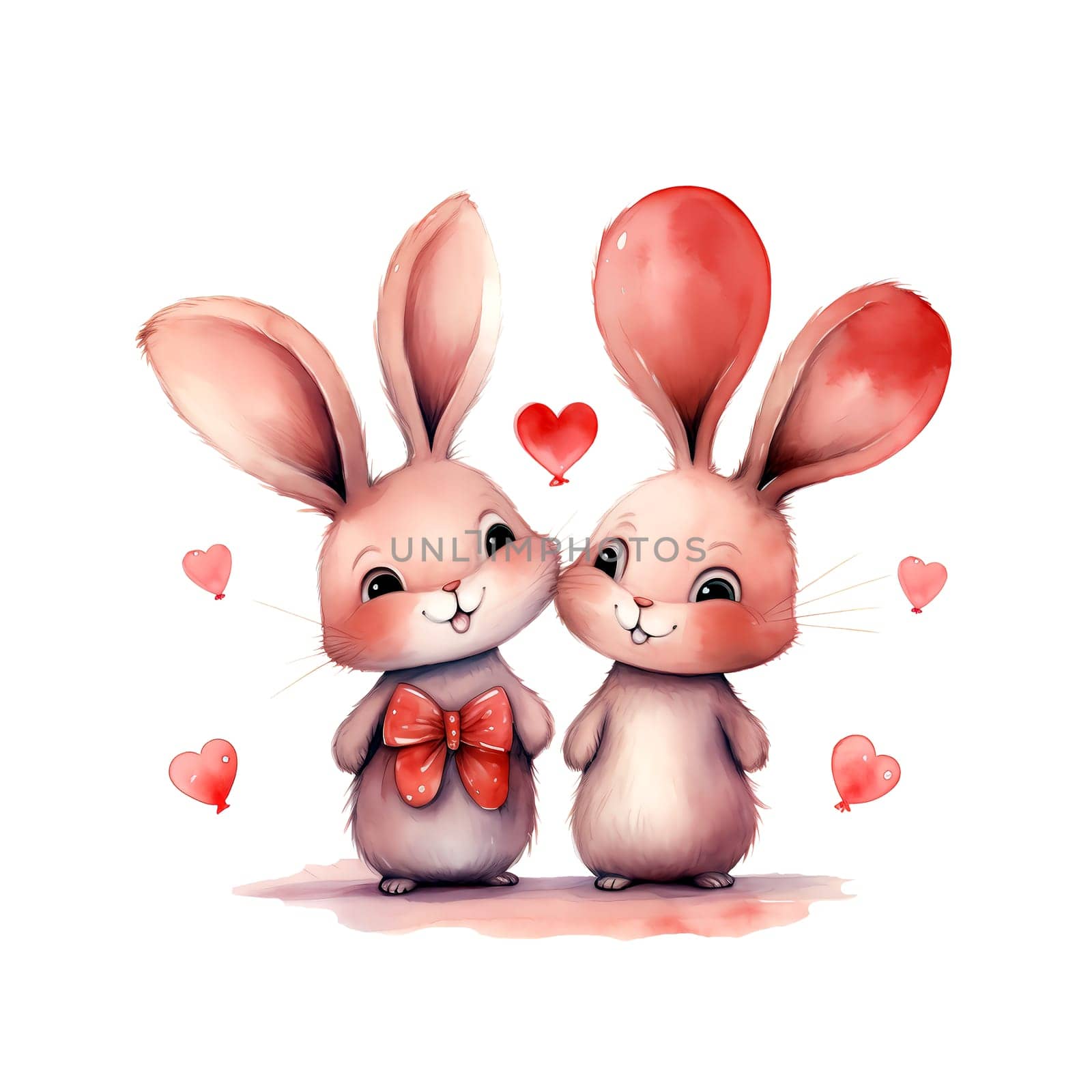 Cute Rabbits for Valentines Day. Watercolor. AI generated. by AndreyKENO